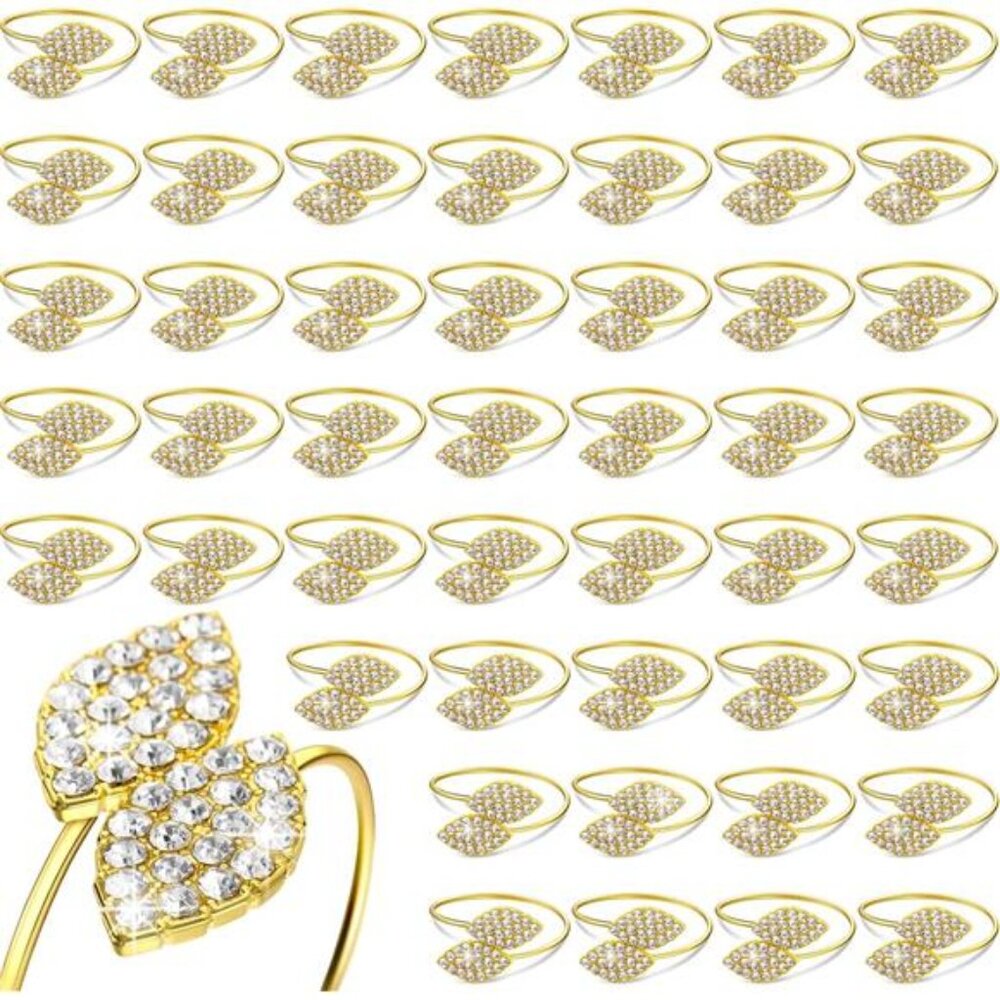 100 Pcs Napkin Rings Set Gold Bling Napkin Rings Metal Leaves Rhinestone Guest